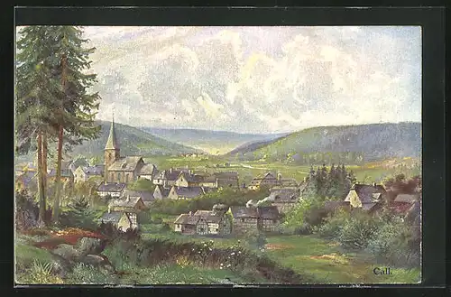 Künstler-AK Call /Eifel, Blick auf Ort mit Kirche