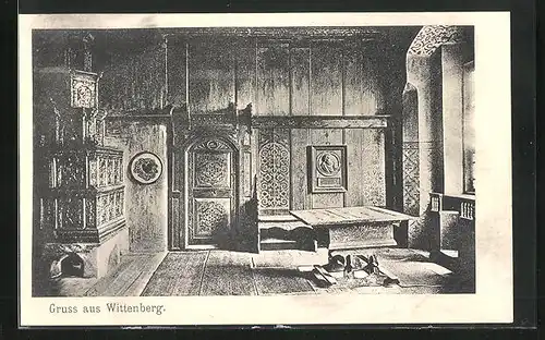 AK Wittenberg, Innenansicht Zimmer mit Ofen