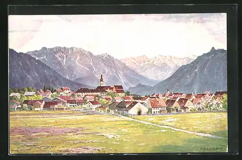 Künstler-AK Murnau, Blick über Ortschaft mit Bergen
