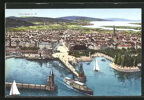 AK Konstanz, Blick auf den Hafen mit Dampfer