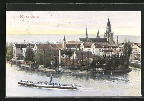 AK Konstanz, Blick auf Ortsteil mit Dampfer