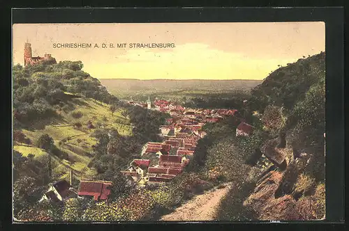 AK Schriesheim a. d. b., Blick auf Dorf und Strahlenburg