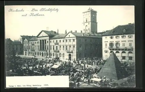 AK Karlsruhe, voller Marktplatz und Rathaus