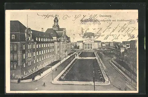 AK Duisburg, Königsplatz mit Landgericht und Stadttheater