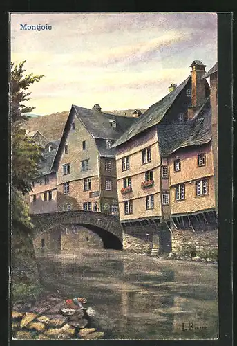 Künstler-AK Montjoie /Eifel, Alte Häuser an der Ruhr