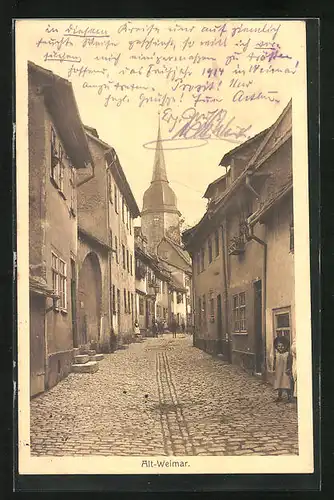 AK Weimar, Strassenpartie in der Friedensgasse mit Blick zur Jakobskirche