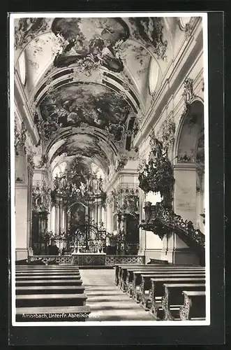AK Amorbach, Inneres der Abteikirche mit Kanzel
