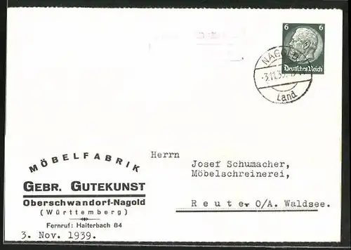 AK Oberschwandorf b. Nagold, Korrespondenzkarte der Möbelfabrik Gebr. Gutekunst, Selbstklebekarte