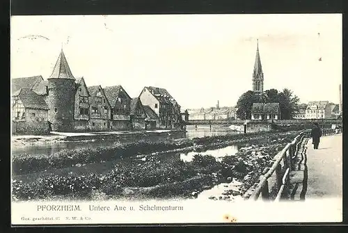 AK Pforzheim, Untere Aue und Schelmenturm