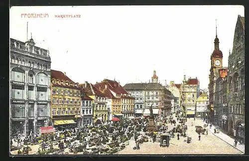 AK Pforzheim, Blick über den Marktplatz mit aufgestellten Ständen