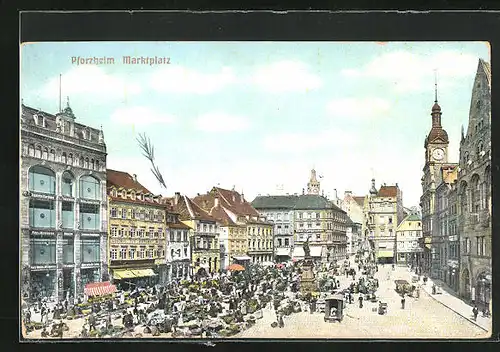 AK Pforzheim, Blick auf den Marktplatz, Verkaufsstände