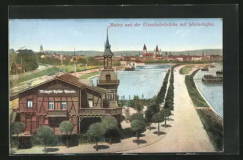 AK Mainz, Blick auf die Eisenbahnbrücke mit Winterhafen, Mainzer Ruder Verein