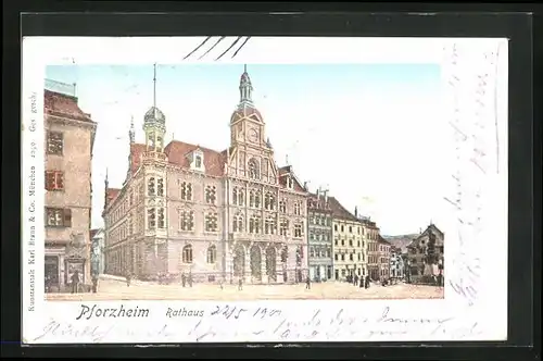 Goldfenster-AK Pforzheim, Blick aufs Rathaus