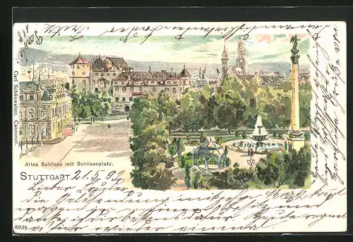 Lithographie Stuttgart, Altes Schloss mit Schlossplatz