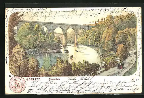 Künstler-AK Görlitz, Blick auf Fluss und Brücke