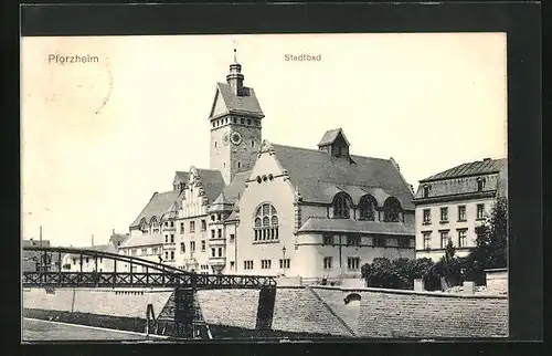 AK Pforzheim, Stadtbad, Blick auf die Kirche