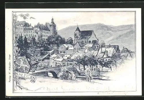 Künstler-AK Schleiden, Ortsansicht, Wappen