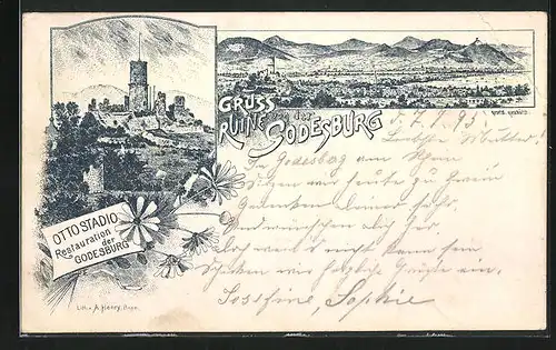 Vorläufer-Lithographie Godesberg, 1895, Restaurant von Otto Stadio an der Ruine der Godesburg