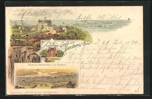 Vorläufer-Lithographie Heisterbach, 1894, Ort und Siegthal, Hotel Petersberg am Rhein, Ruine Heisterbach