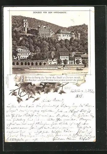 Vorläufer-Lithographie Heidelberg, 1895, Schloss von der Hirschgasse betrachtet