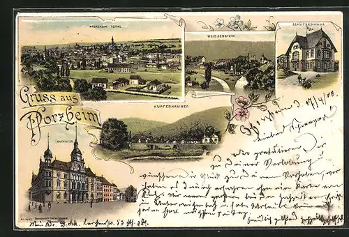 Lithographie Pforzheim, Kupferhammer, Weissenstein, Rathaus, Schützenhaus