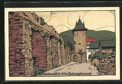 Steindruck-AK Münstereifel, Partie der alten Stadtmauer