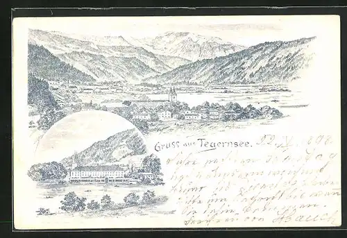 Lithographie Tegernsee, Totalansicht der Gemeinde mit See