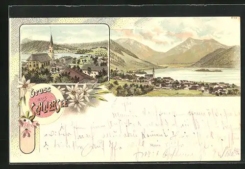 Lithographie Schliersee, Totalansicht, Kirche
