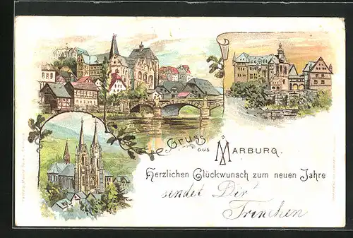 Lithographie Marburg, Totalansicht, Kirche
