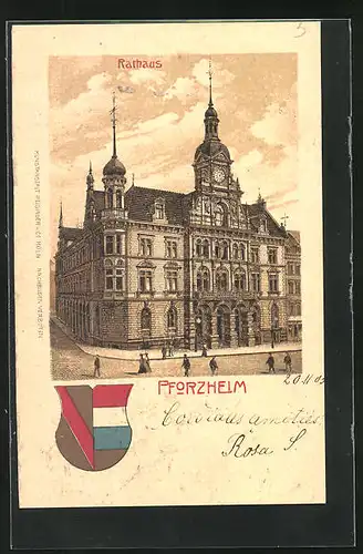 Lithographie Pforzheim, Rathaus, Stadtwappen