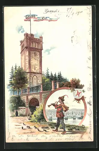 Lithographie Hameln, Rattenfänger, Aussichtsturm Klüt