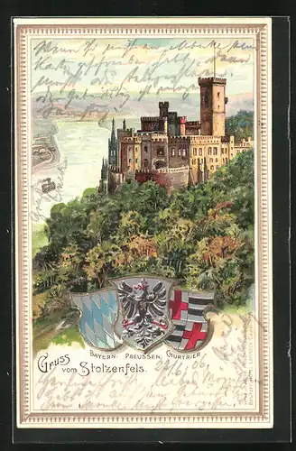 Passepartout-Lithographie Stolzenfels, Totalansicht, Wappen von Bayern, Preussen und Churtrier
