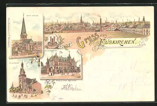 Lithographie Euskirchen, Kreisgebäude, Katholische Kirche, Evangelische Kirche