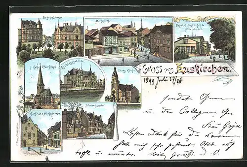 Lithographie Euskirchen, Bahnhof & Alleestrasse, Kreistagsgebäude, Evangelische Kirche