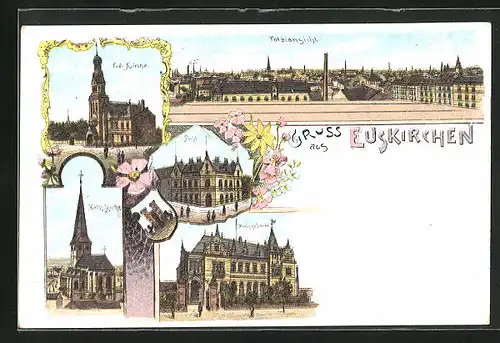 Lithographie Euskirchen, Kreisgebäude, Post, Evangelische Kirche