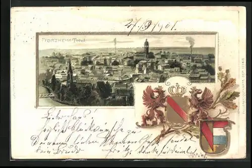 Passepartout-Lithographie Pforzheim, Totalansicht, Wappen