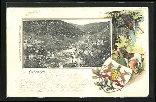 Passepartout-Lithographie Liebenzell, Teilansicht, Wappen