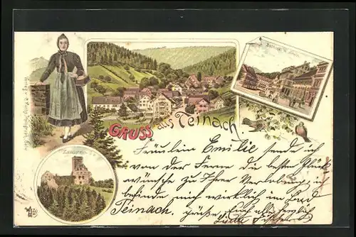 Lithographie Teinach, Badhotel m. Hirsch, Zavelstein, Teilansicht