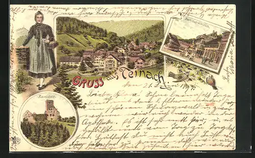 Lithographie Teinach, Badhotel m. Hirsch, Zavelstein, Teilansicht