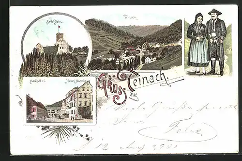 Lithographie Teinach, Badhôtel & Hôtel Hirsch, Zavelstein, Teilansicht
