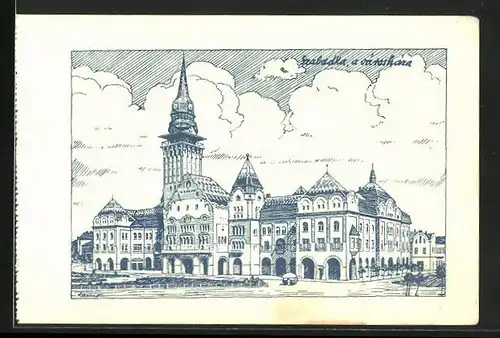 Künstler-AK Szabatka, Ortspartie mit Rathaus