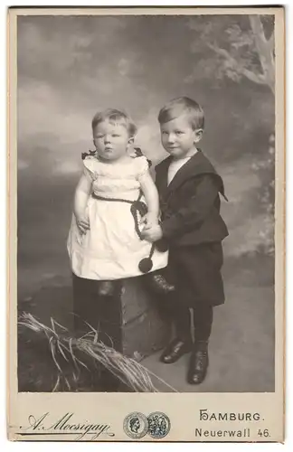 Fotografie A. Mocsigay, Hamburg, Neuerwall 46, Portrait kleiner Junge im Matrosenanzug mit Schwesterchen