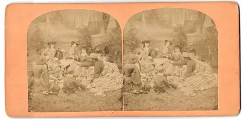 Stereo-Fotografie unbekannter Fotograf und Ort, Familie beim Picknick mit Wein und Brot