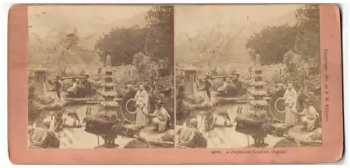 Fotografie B. W. Kilburn, Littleton / N. H., Geishas in einem japanischen Garten, Pagode, Sänfte