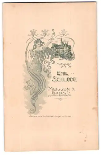 Fotografie Emil SChlippe, Meissen, Elbberg 1, Ansicht Meissen, Schloss mit junger Frau im Jugendstil