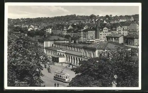 AK Pforzheim, Teilansicht mit Bahnhof und Strassenbahn