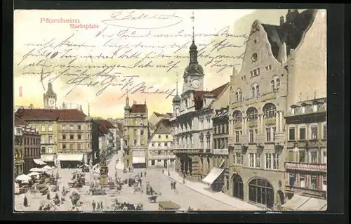 AK Pforzheim, Marktplatz mit Geschäften und Marktplatz