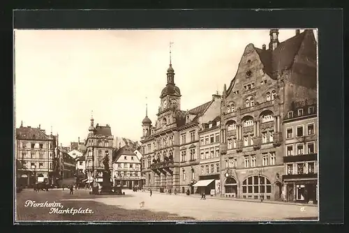 AK Pforzheim, Marktplatz mit Rathaus