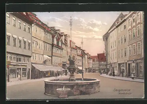 AK Langensalza, Marktstrasse mit Brunnen und Geschäften