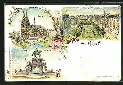 Lithographie Köln, Dom, Kaiser Wilhelmring, Denkmal Kaiser Wilhelm I